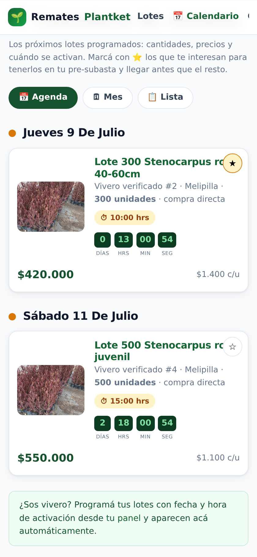 Calendario de próximos remates con countdown y marcado de lotes