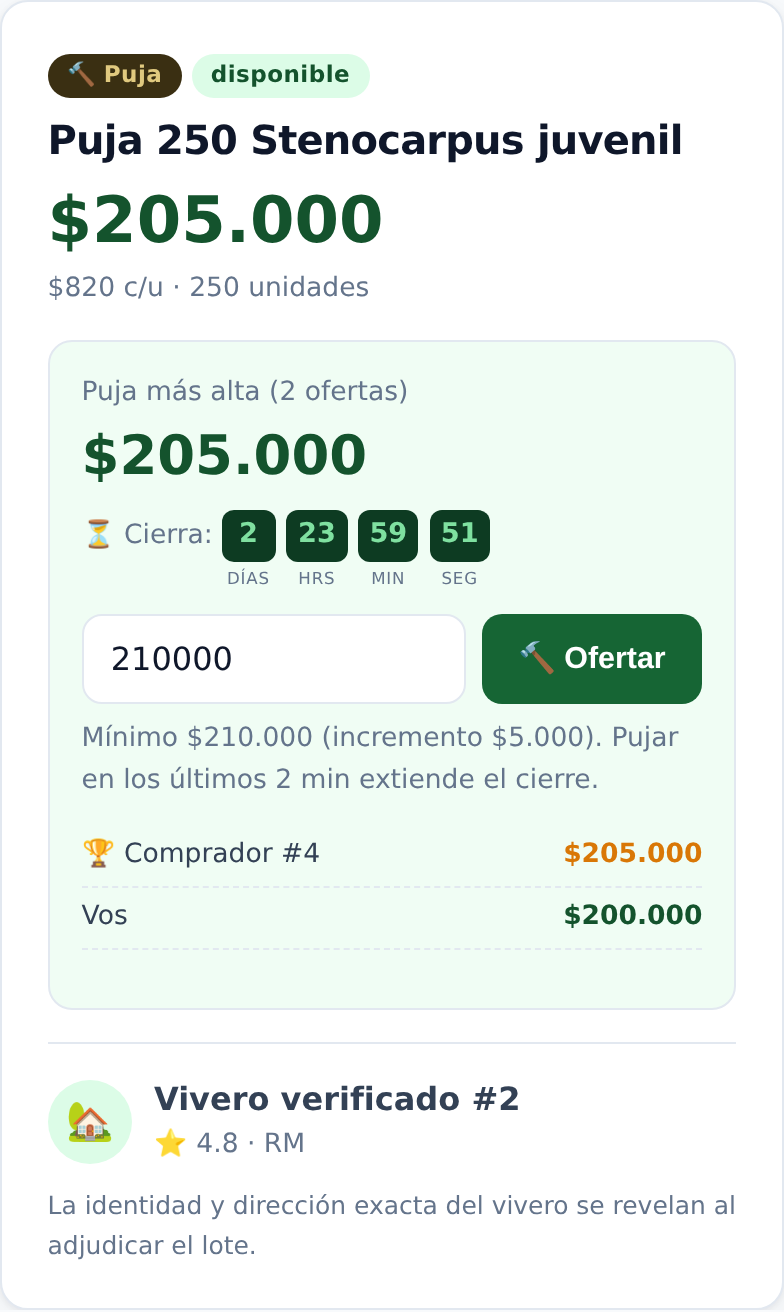 Puja ascendente con historial de ofertas y cierre con anti-sniping